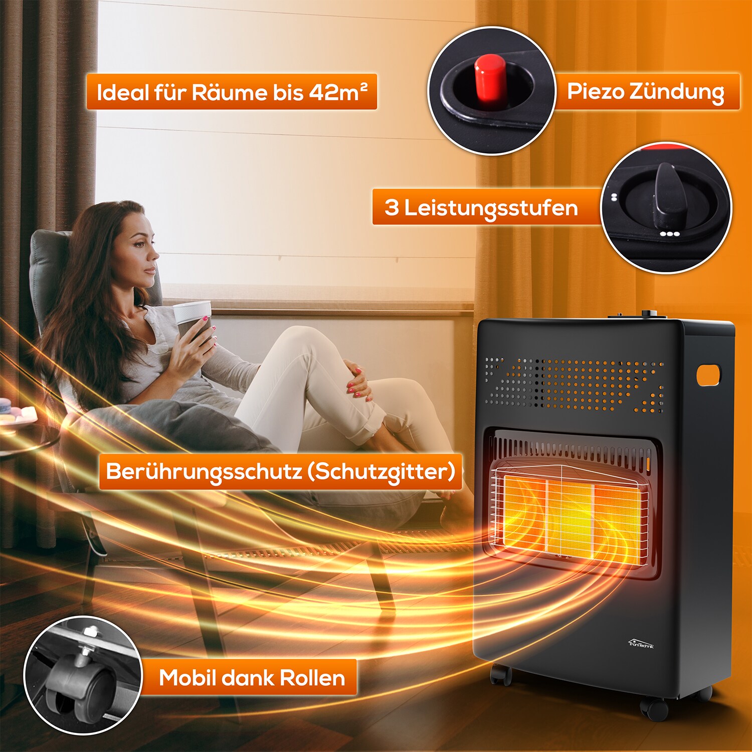 TroniTechnik® Gasheizer Gasheizofen Heizstrahler 4,2 kW Gas Heizung inkl. Gasdruckregler & Gasschlauch 3 Heizstufen 4200W