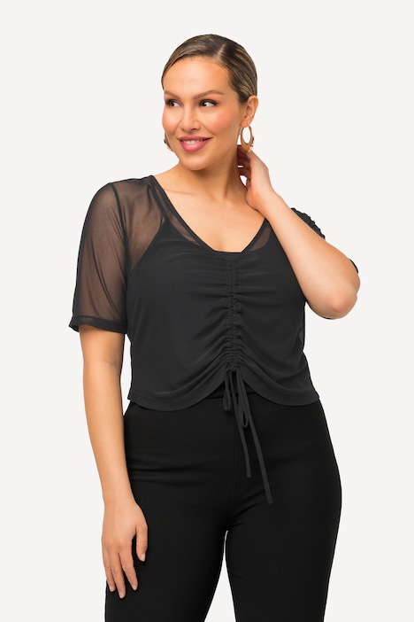 Mesh-Shirt, Slim, V-Ausschnitt, gekräuselter Halbarm