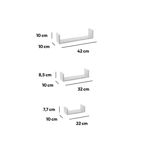 Lot de 3 étagères murales en bois (L22-32-42 cm) Bord Blanc
