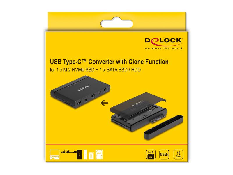 Delock Konverter USB-C für 1x M.2 NVMe SSD  1x SATA SSD/HDD Delock USB Type-C Konverter für 1 x M.2 NVMe SSD   1 x SATA SSD / HDD mit Klon Funktion