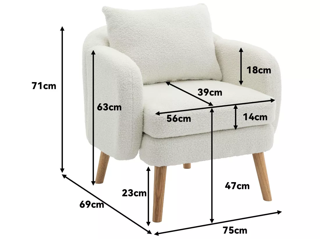 Fauteuil en tissu teddy avec coussin - pieds en bois massif - blanc