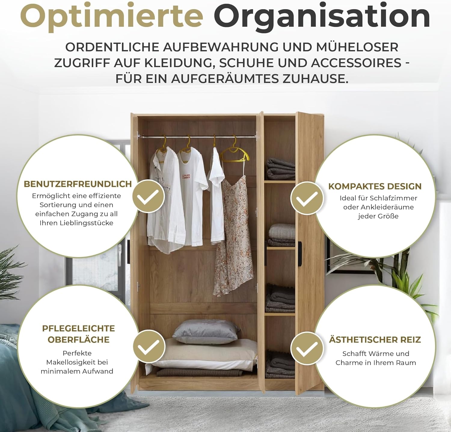 [en.casa] Kleiderschrank Eiselfing Schrank mit 3 Türen Garderobenschrank 176 x 120 x 52 cm Schlafzimmerschrank 1 Kleiderstange 4 Fächer Eicheoptik