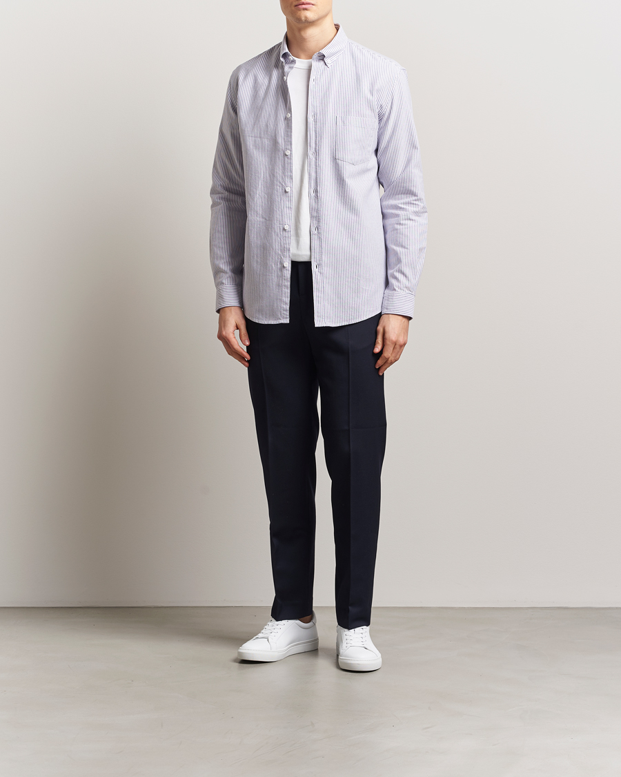 Sunspel Striped Oxford Button Down Shirt White/Navy