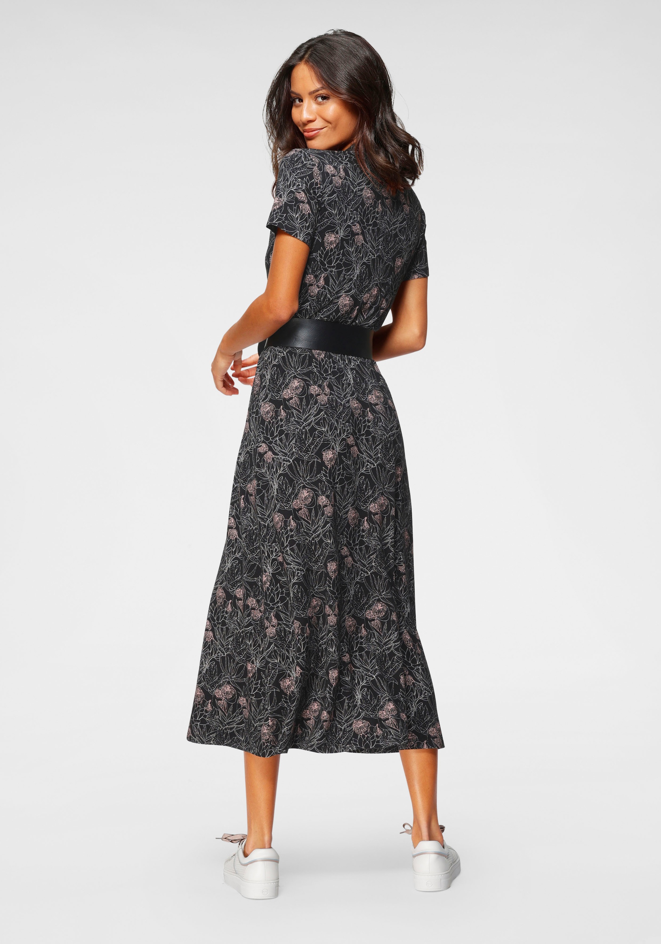 Laura Scott Sommerkleid wadenlang,  geblümtes Design,  aus Single Jersey,  mit Stehkragen