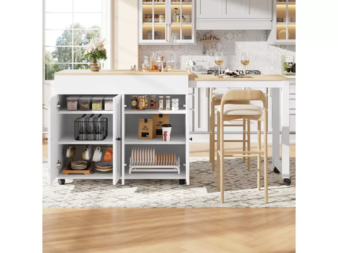 Ilot central de cuisine avec 4 portes - Plateau extensible - 118(180)x46x94 cm - Blanc+naturel