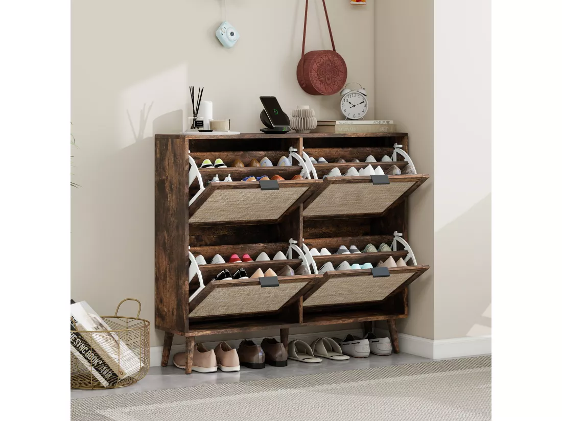 Meuble à chaussures rétro marron à 4 portes, look en rotin, double étagère, 105 cm, avec fond arrière, idéal pour couloir et espaces similaires