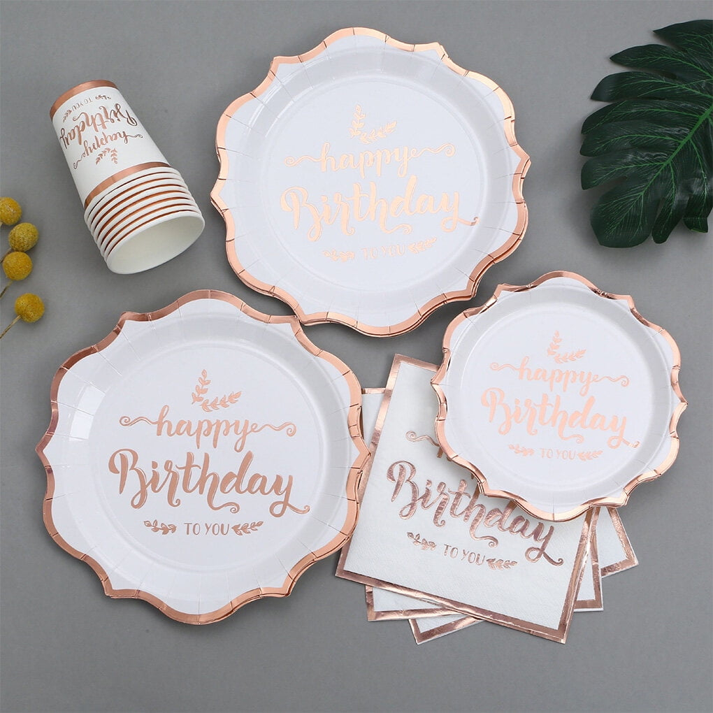 (64-tlg. Set) Happy Birthday Einweg Geschirr Geburtstags Party Tisch Deko inkl. Teller / Servietten / Papp Becher - Weiss / Roségold