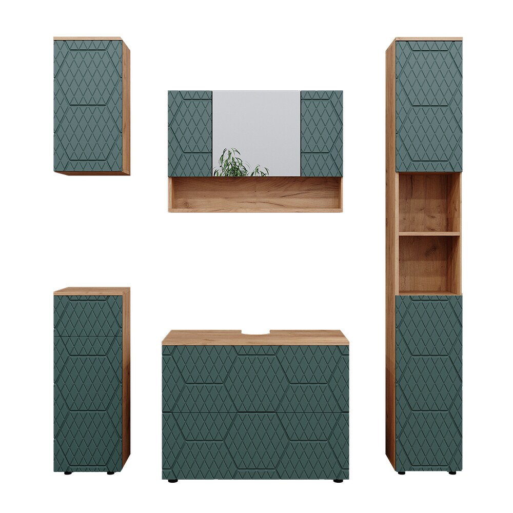 Vicco Badmöbel-Set Irma Eiche Grün 5-teilig Hochschrank Midischrank 81 cm