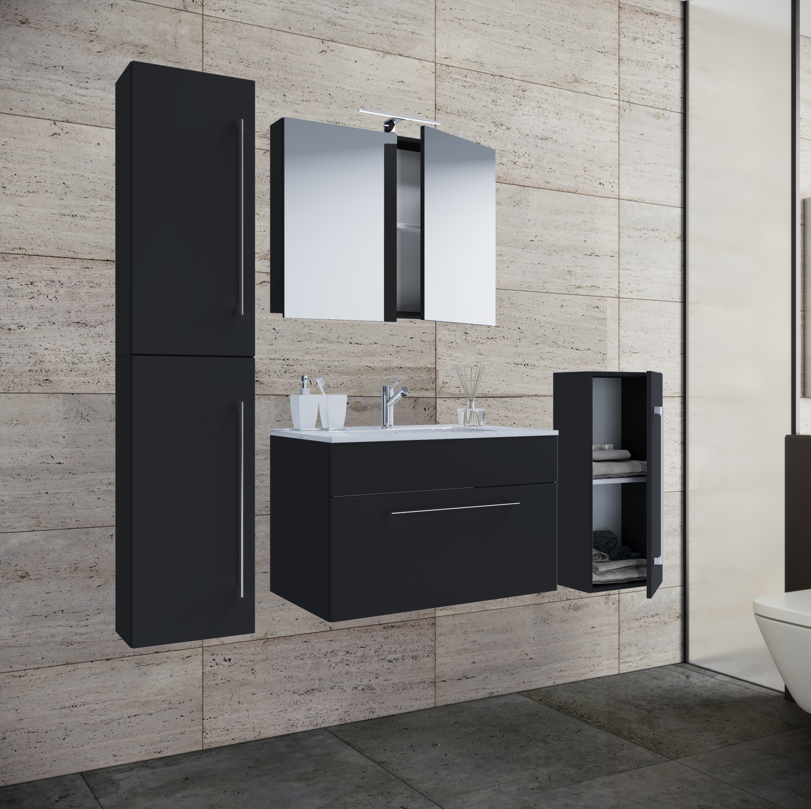 5-teiliges Badmöbel-Set BADINOS - schwarz - mit Spiegelschrank - 60 cm