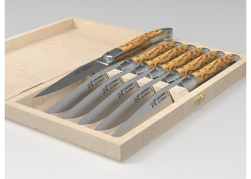 Service de 6 couteaux Laguiole avec un manche en bois de bouleau et mitres en acier inoxydable