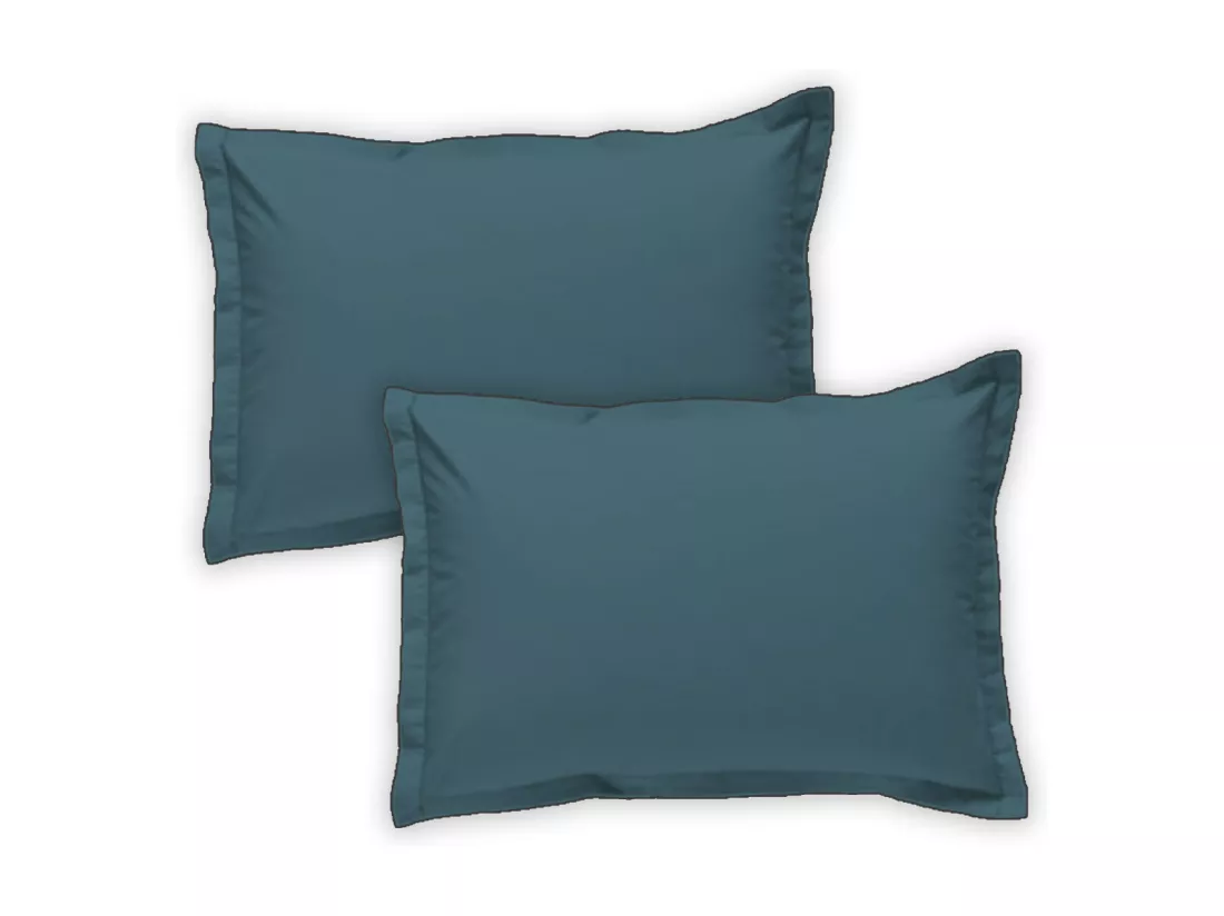Lot de 2 taies d'oreiller unies en coton finition bourdon bleu 50x70cm