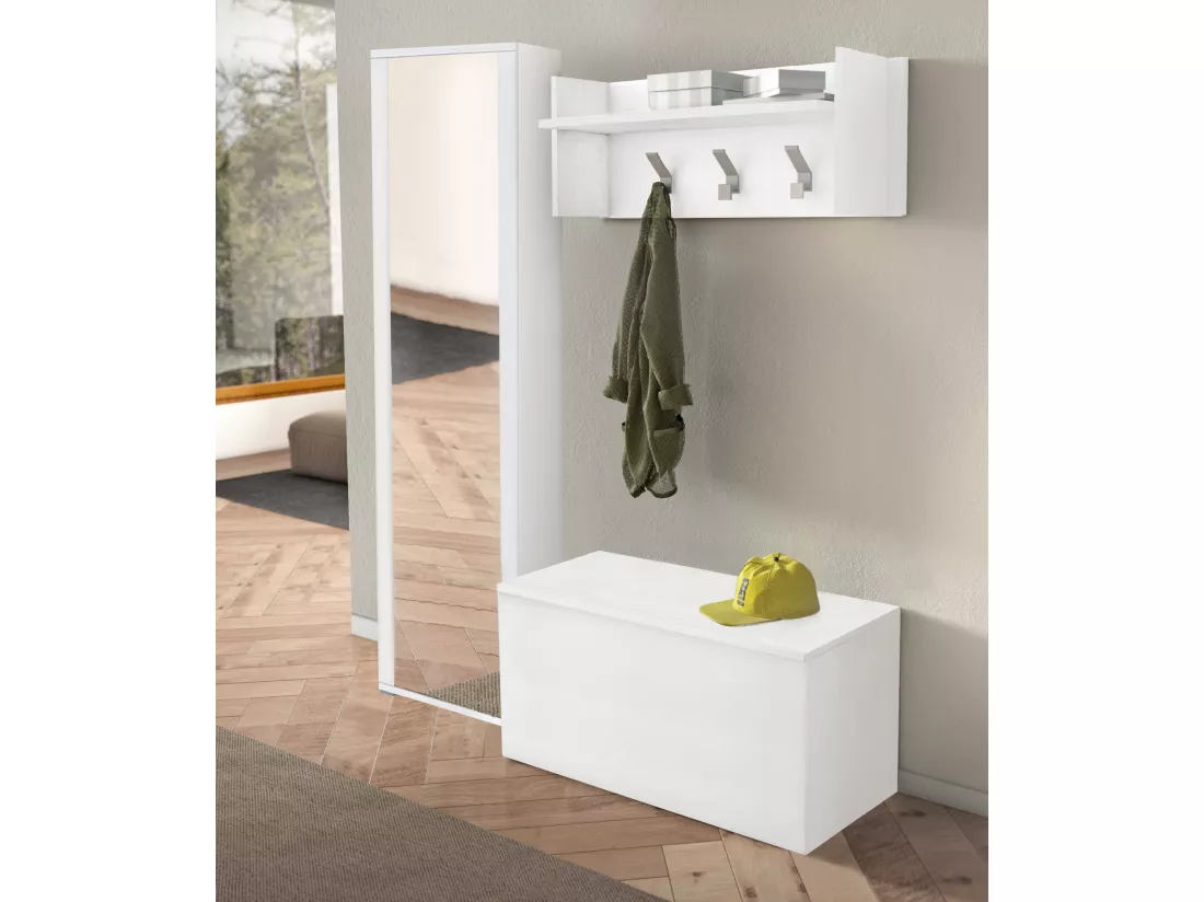 Meuble d'entrée Djohnse, Entrée moderne avec portemanteau, Armoire avec étagère à chaussures, Armoire avec miroir, Cm 50x32h182, Blanc