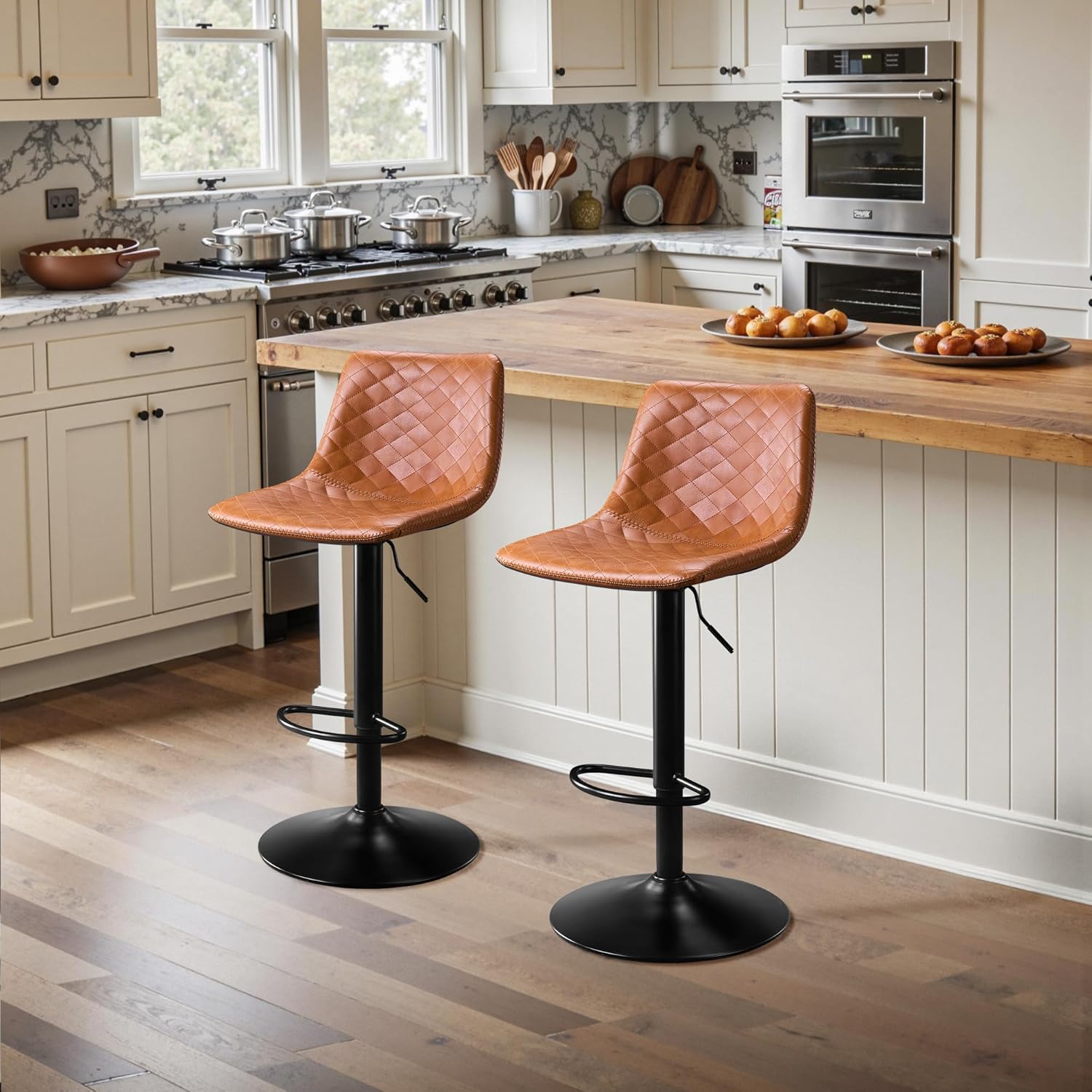 Barhocker 2er Set Höhenverstellbar Barstuhl mit Mikrofaser-Leder, Küchenhocker mit Lehne, Barhocker 360° Drehbar, Tresenhocker 150kg Belastbar für Küche, Esszimmer, Lobby-Braun