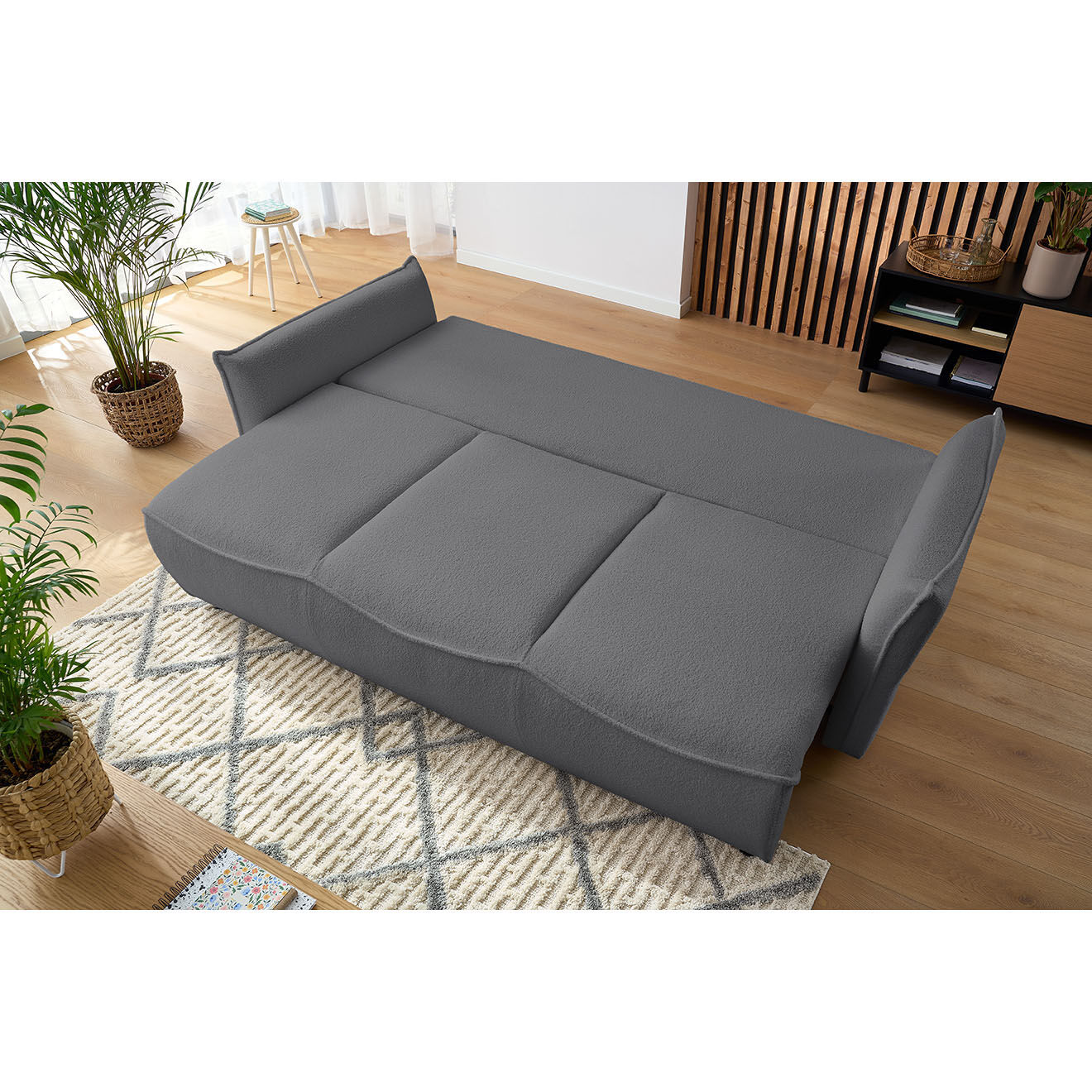 Bobochic Canapé 3 places convertible coffre Bouclette Leon gris foncé - 226x97x90 cm
