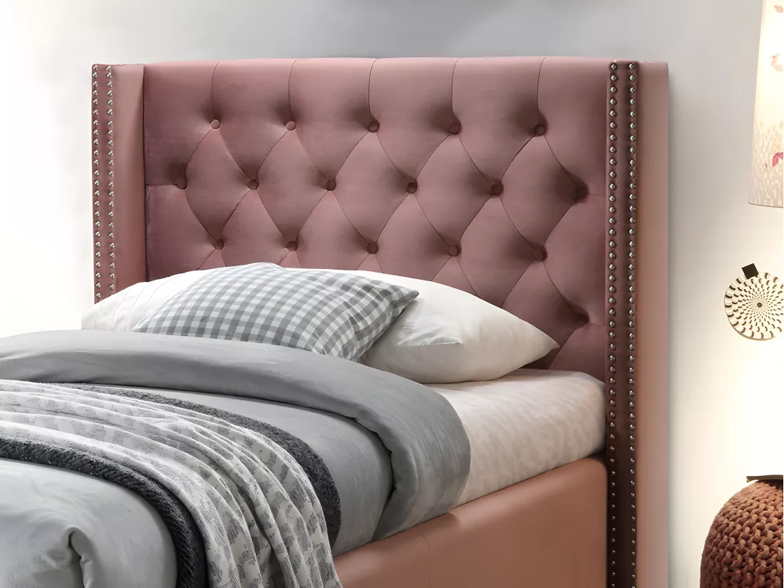 Lit avec tête de lit capitonnée - 90 x 200 cm - Velours rose - MASSIMO II