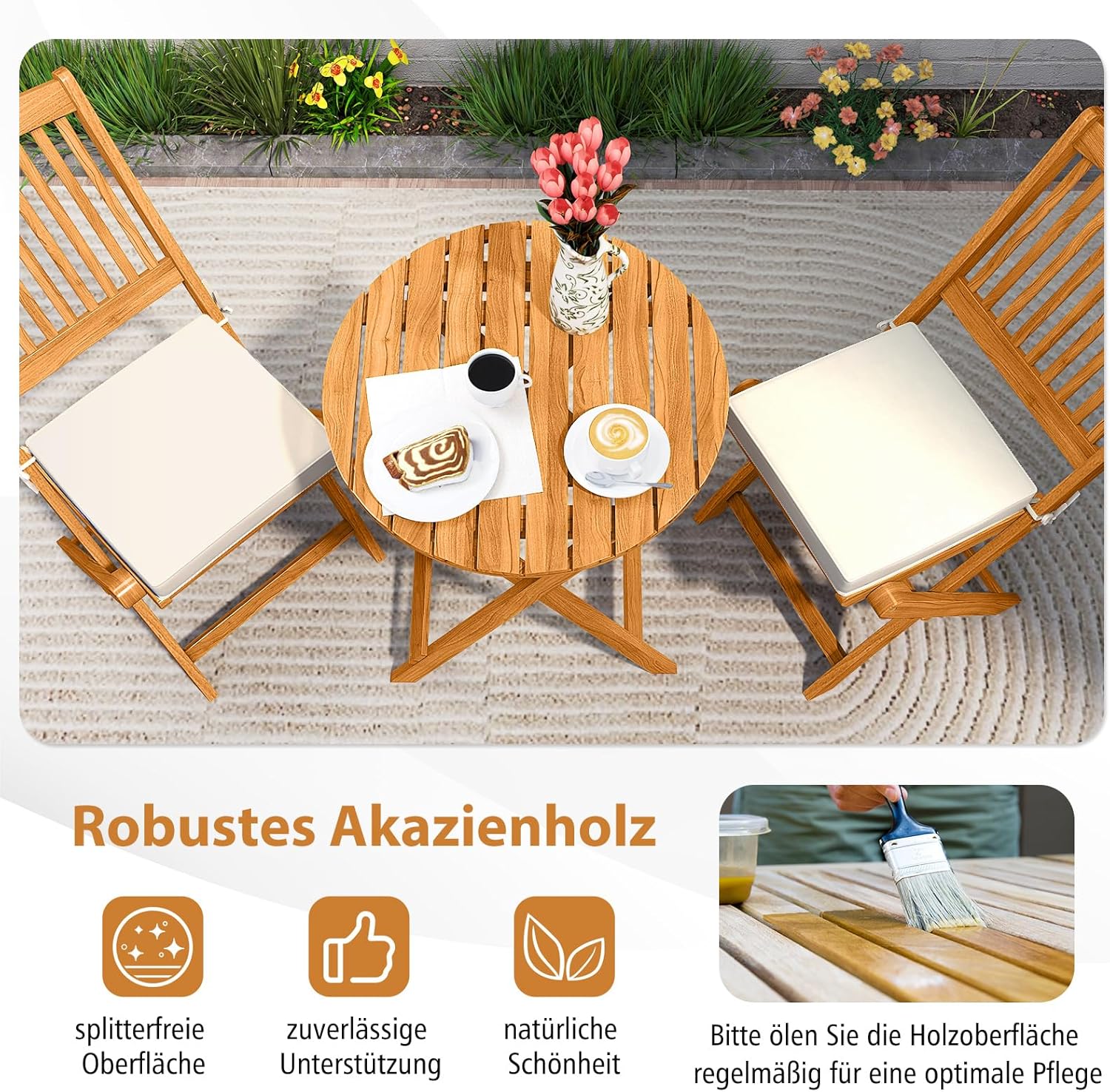 COSTWAY 3tlg. Balkonmöbel Set, Bistrotisch mit 2 Stühlen, klappbares Balkonset aus Akazienholz mit 2 Kissen, Bistroset, Gartengarnitur, Gartenmöbel, Sitzgarnitur, Sitzgruppe für Garten, Balkon (Beige)