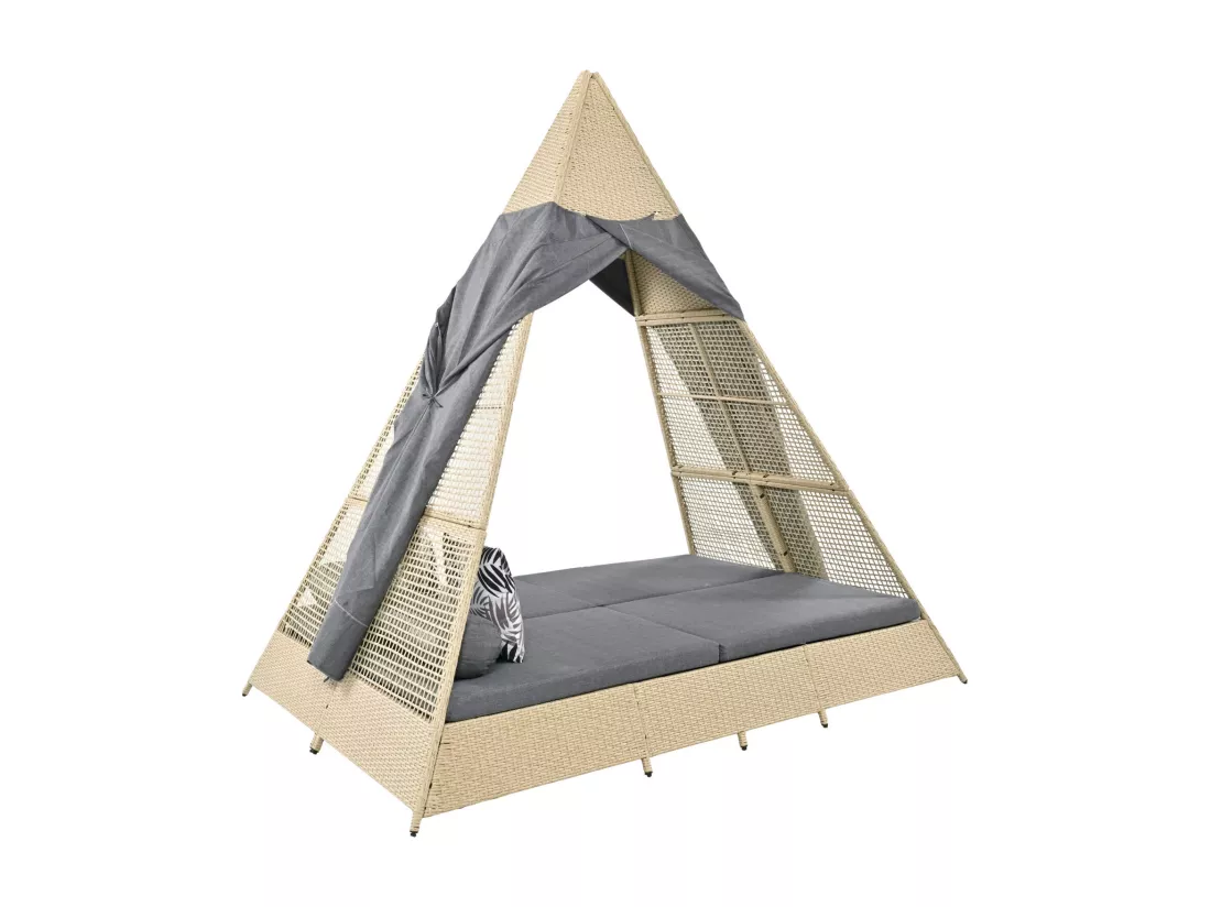 Salon de jardin pour 2 à 4 personnes, tente en rotin, rotin beige, rideau de porte gris, coussins amovibles et lavables