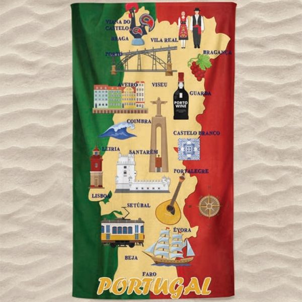Toalha de Praia Microfibra Portugal Bandeira Mapa Regiões 180 x 100 cm