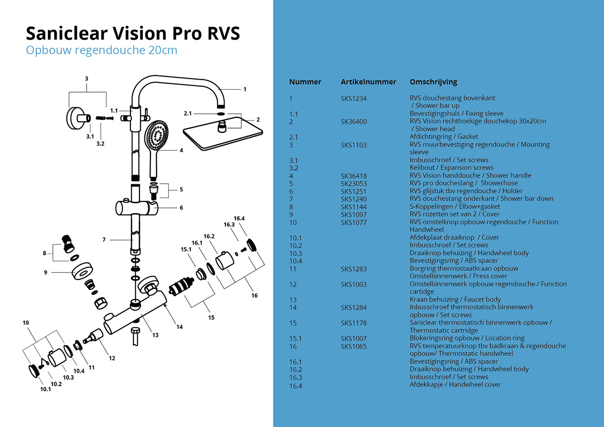 Saniclear Vision Pro opbouw regendouche met 20x30cm hoofddouche RVS