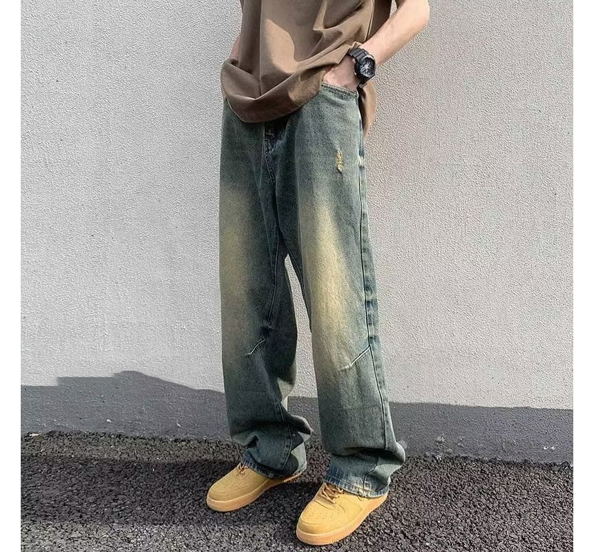 Kimeya - Low Rise Washed Distressed Wide Leg Jeans