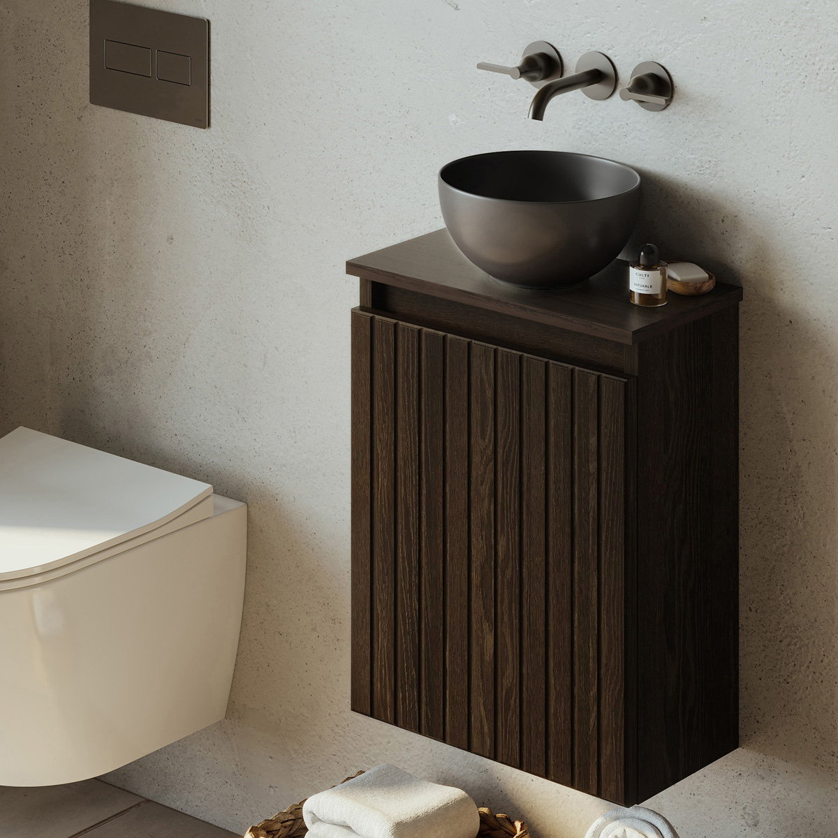 Fontana Bano toiletmeubel ribbelfront kasteel bruin 40x22cm met mat zwarte waskom