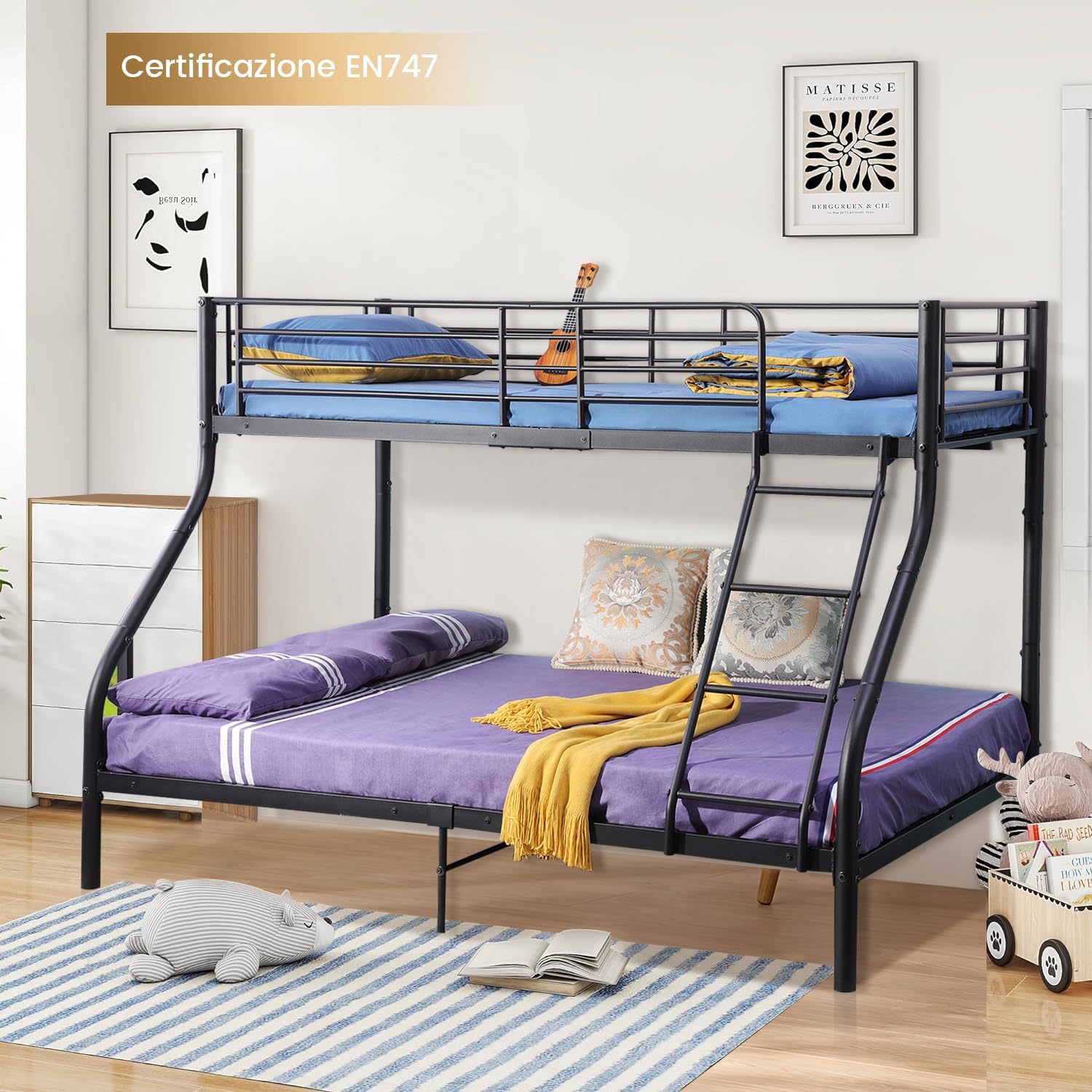 H.J WeDoo Kinderbett Etagenbett Metall 140x200cm 90x200cm Stockbett Hochbett Metallbett Bettgestell Doppelstockbett Schlafzimmerbett Jugendbett mit Lattenrost, Schwarz