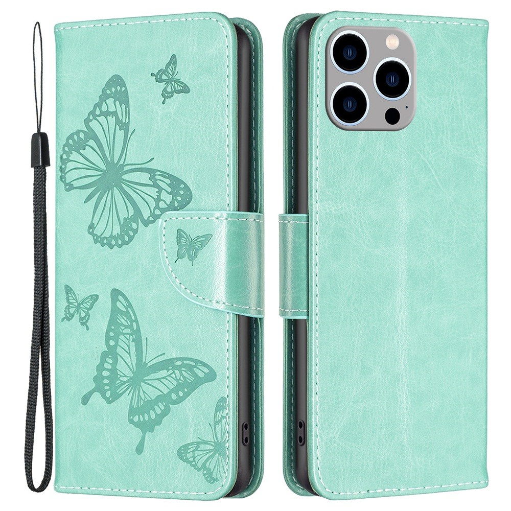 iPhone 14 Pro Max Leder Tasche mit Kartenfach   Handschlaufe Schmetterling - Türkis