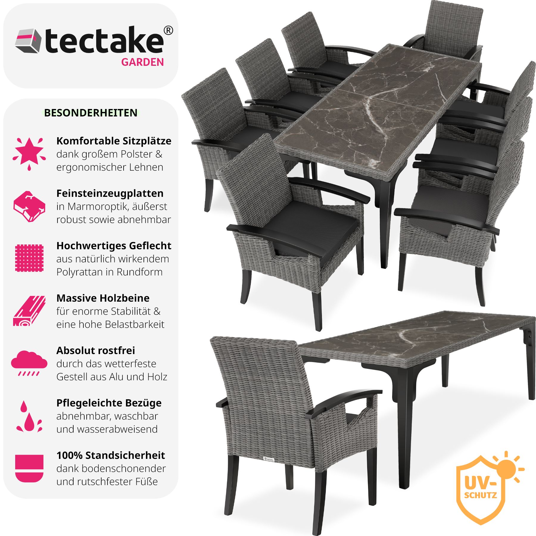 tectake® Rattan Tisch Foggia mit 8 Stühlen Rosarno, mit stabilen Holzgestellen, wetterfest und UV-beständig, Armlehnen und Beine aus Holz