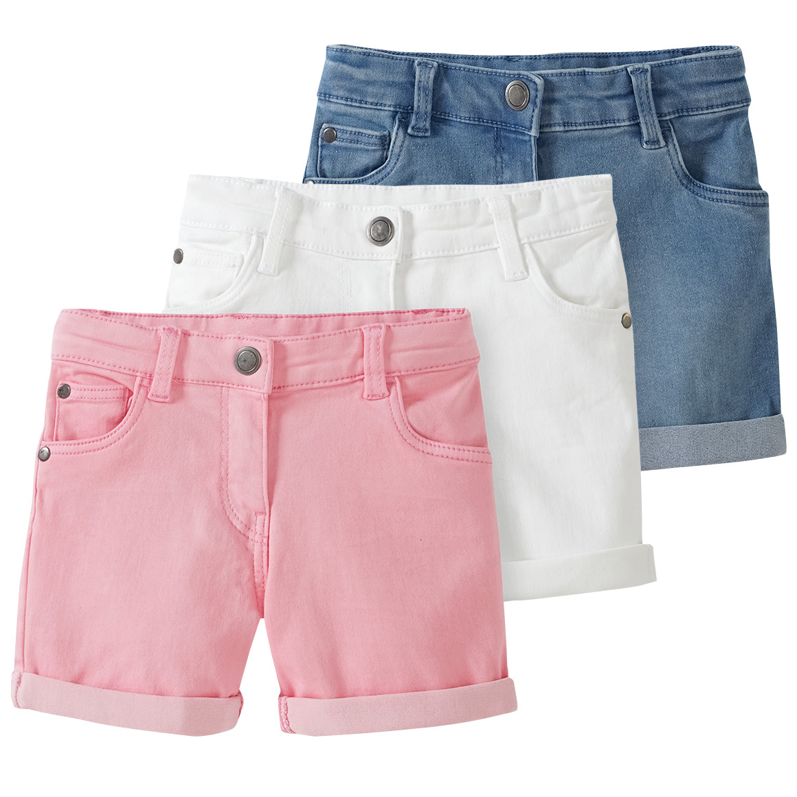 Famy 3 Mädchen Jeansshorts im Five-Pocket-Style rosa / weiss / blau