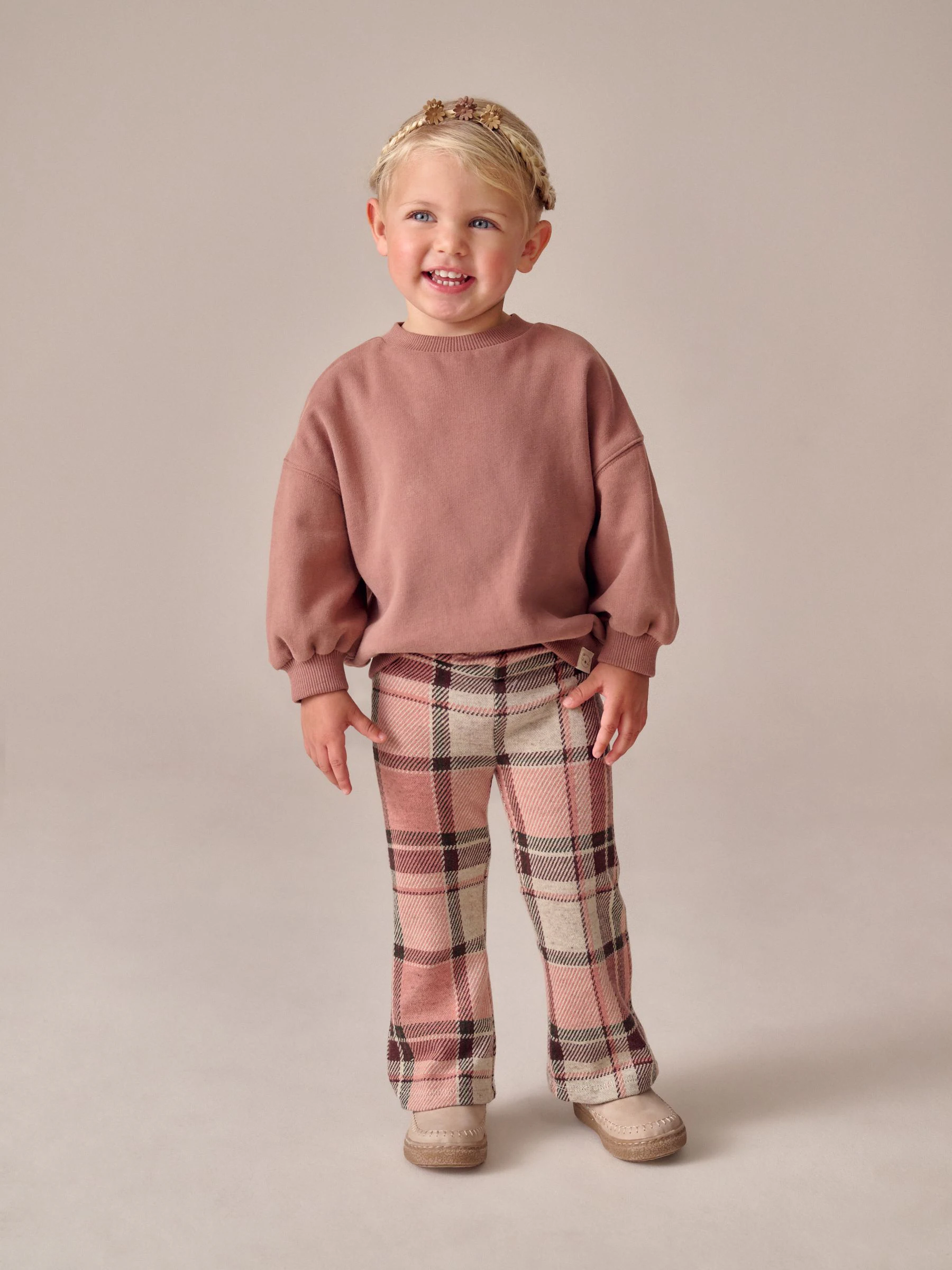 Vaalroze geruit - Geribbelde flare legging (3 mnd-7 jr)