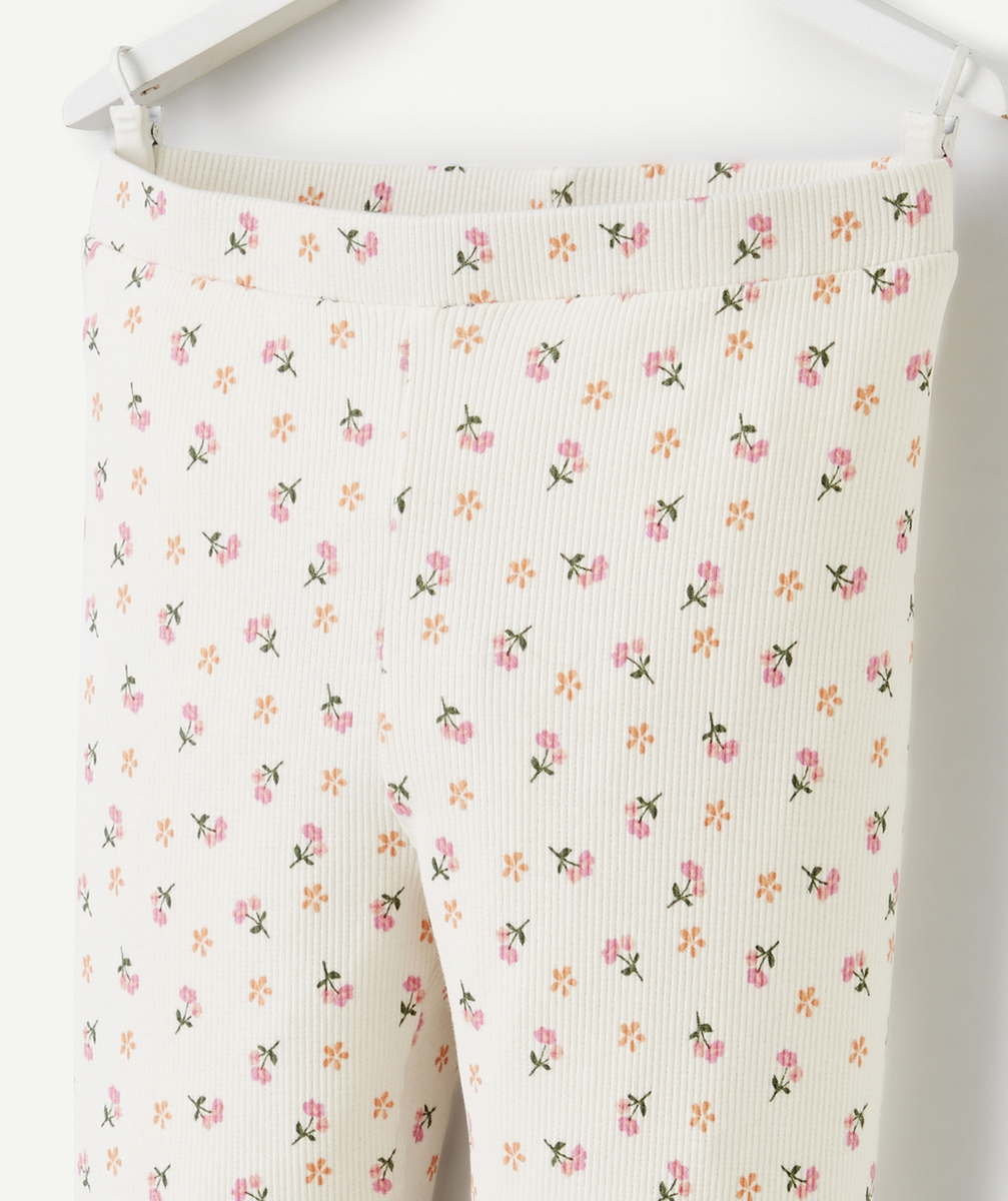 LEGGING BÉBÉ FILLE EN COTON BIO BLANC CÔTELÉ AVEC IMPRIMÉ FLEURI