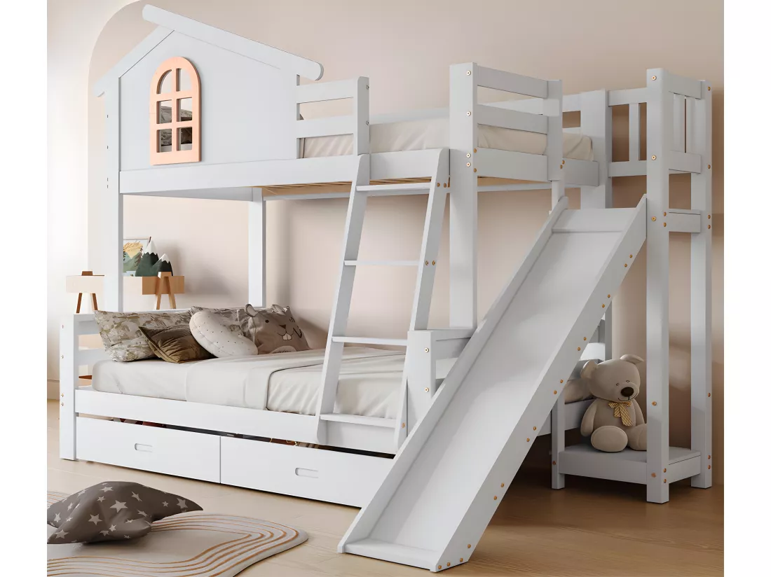 Lit superposé cabane avec toboggan + tiroirs - cadre en pin - 90x200cm + 120x200cm - Blanc