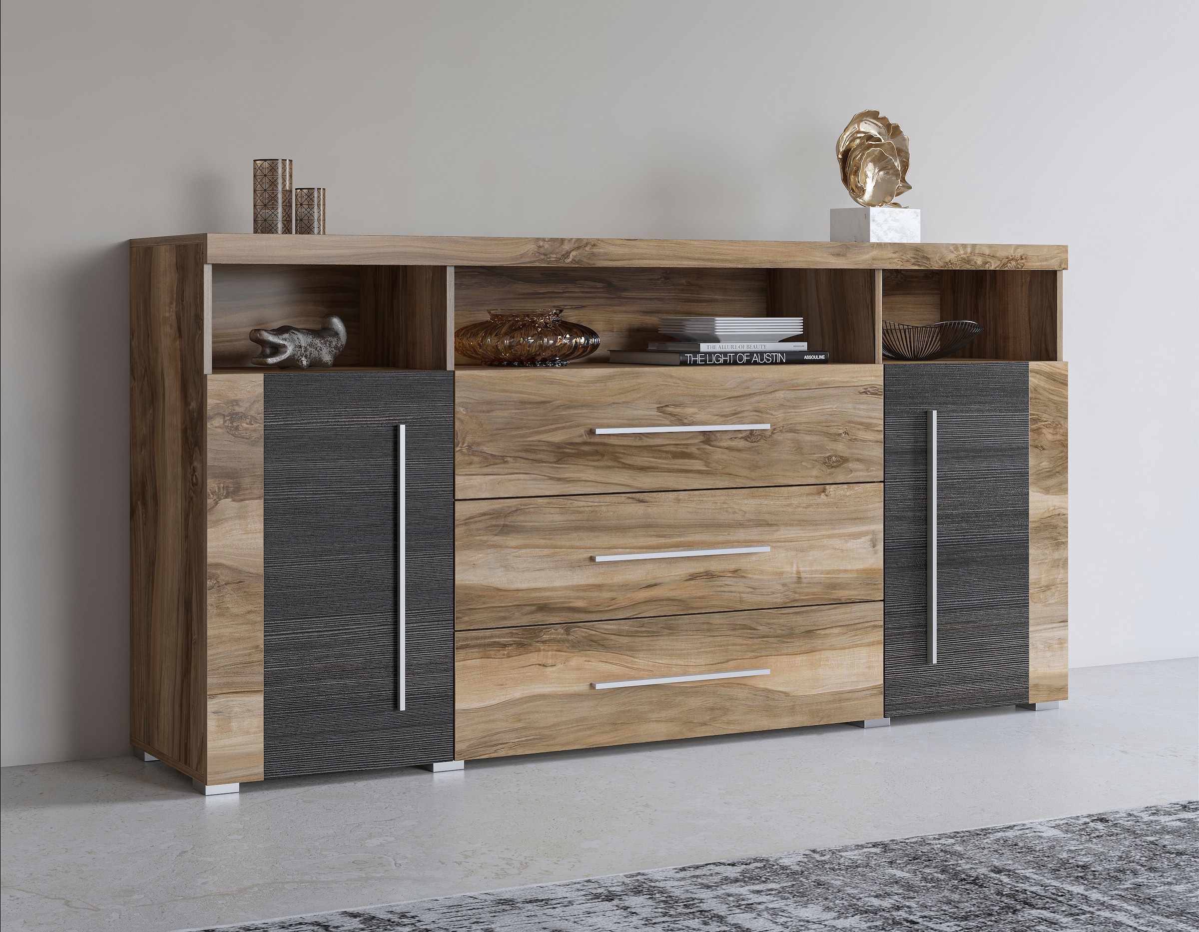 INOSIGN Sideboard »Roger,Breite 182cm, stilvolle Schrank, 2 Holztüren 3 Schubladen« Kommode mit viel Stauraum, Einlegeböden verstellbar