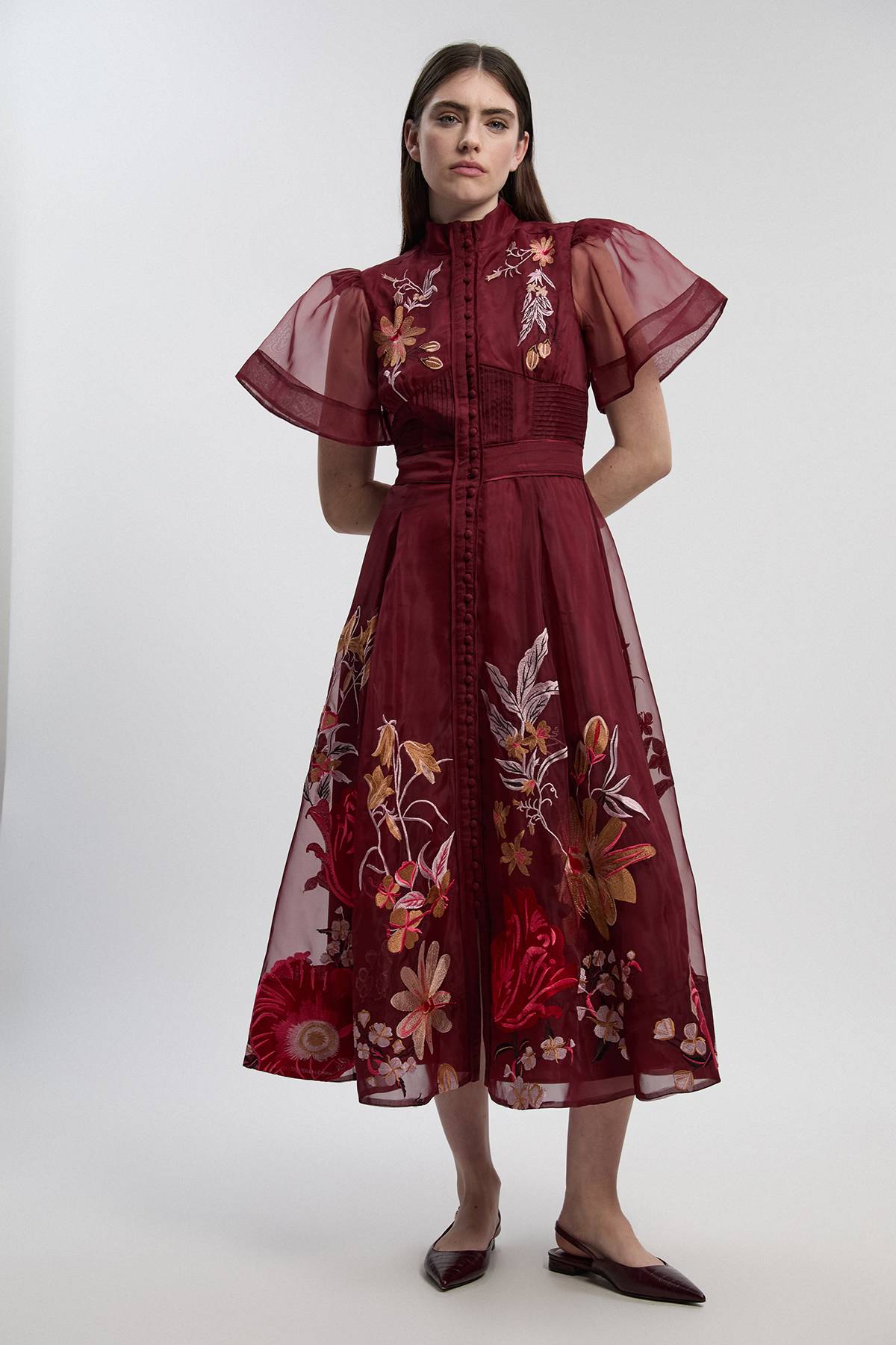 KarenMillen Robe Midi Petite à Manches Évasées en Organdi avec Broderie Botanique