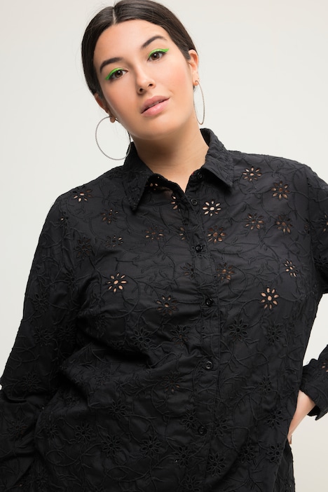 Hemdbluse, Boxy Shape, Lochstickerei, Hemdkragen, Langarm