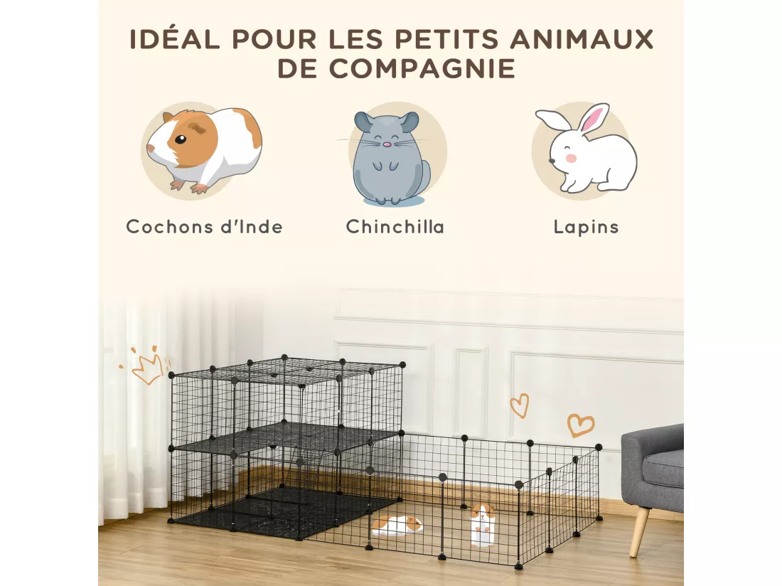 Cage parc enclos rongeurs modulable dim. L 175 x l 105 x H 70 cm 2 niveaux 2 portes rampe résine PP fil métallique noir