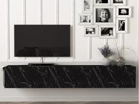 Meuble TV suspendu avec 3 portes - Effet marbre noir - VIKILA