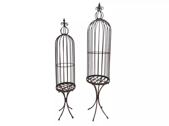 Set2 grandes cages à oiseaux décoratives sur pieds fer marron 150cm