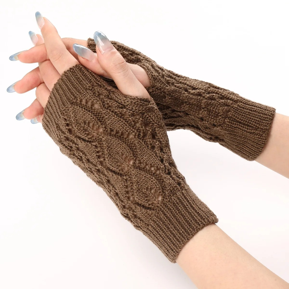 (1 Paar) Damen Armstulpen Strick Accessoire Fingerlose Handschuhe (One Size) - Khaki