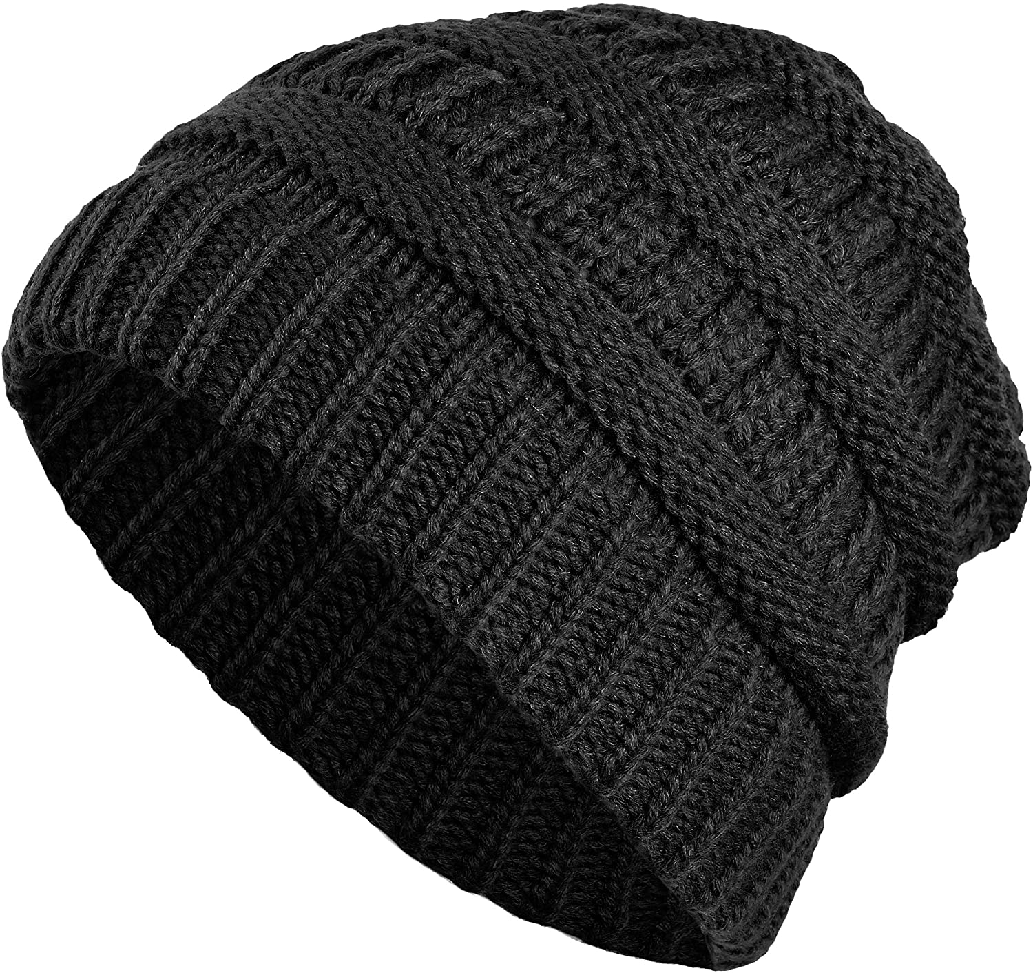 Damen Strickmütze mit Zopfloch Winter Mütze für Pferdeschwanz   Zöpfe (One Size) - Schwarz