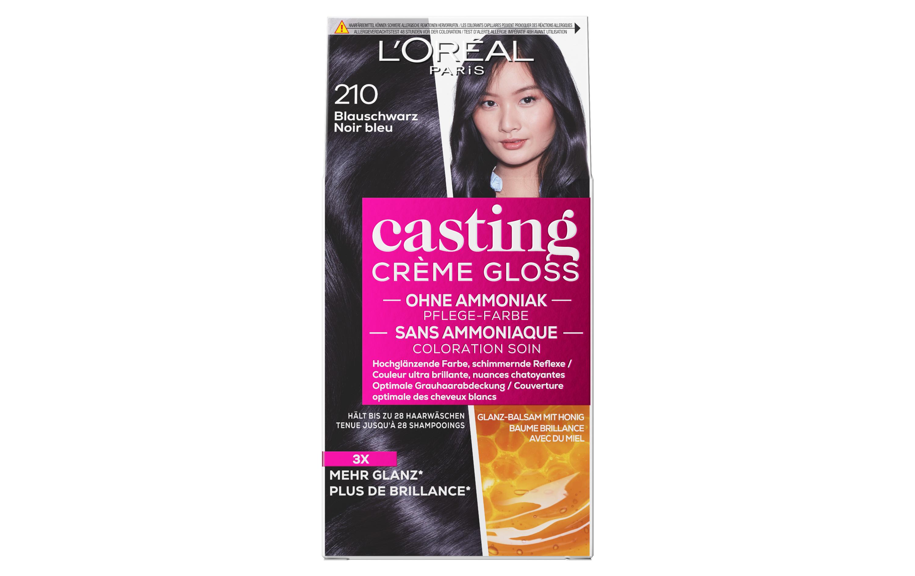 Haarcoloration Casting Crème Gloss 210 BlauschwarzSemi-Permanente Haarfarbe.Casting Crème Gloss bietet Farbe und Pflege in Einem.Einzigartige Formel ohne Ammoniak für glänzende Farbreflexe und gepflegtes Haar.Hält bis zu 28 Haarwäschen.