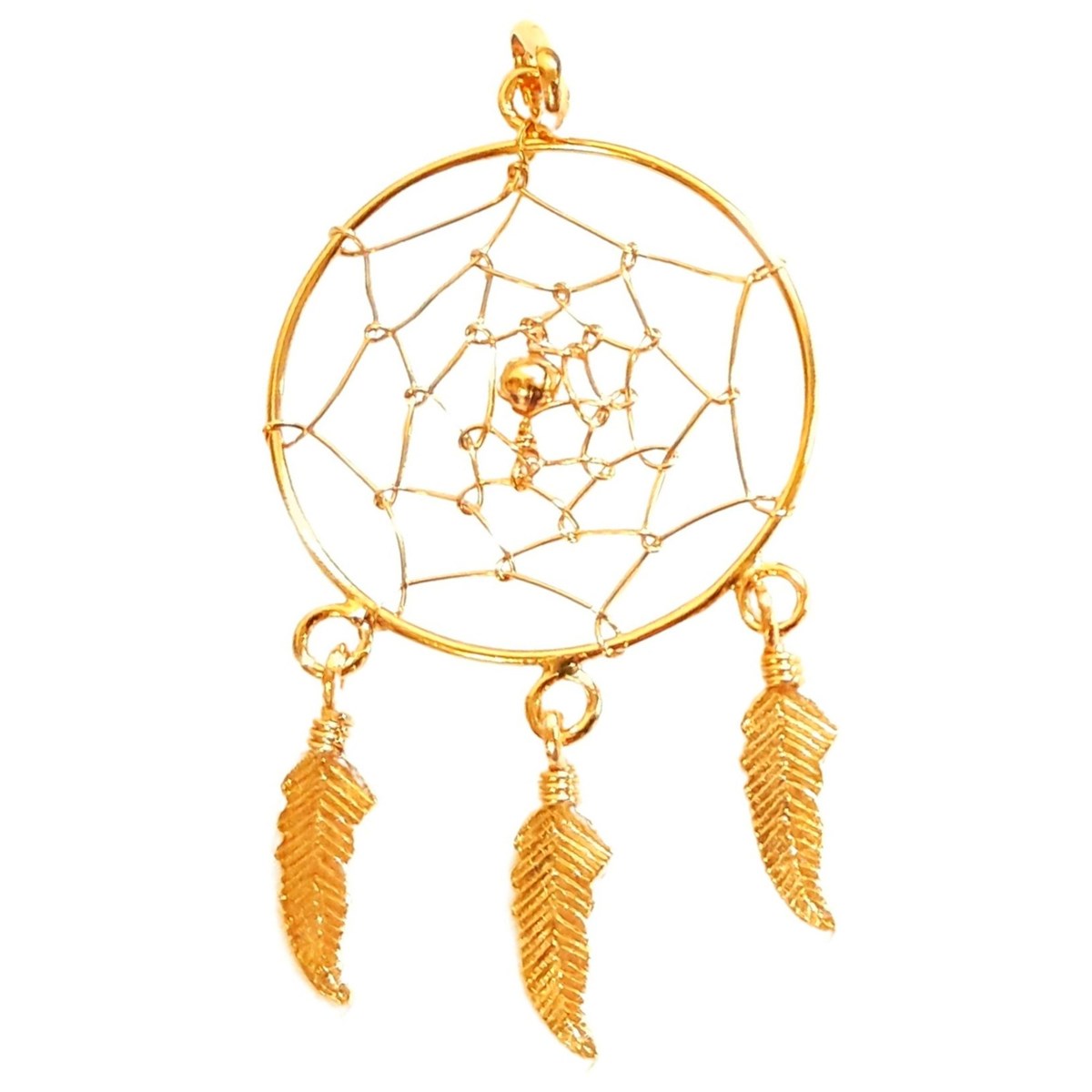 Pendentif Indien attrape attrapeur de rêves en plaqué or 3 plumes + chaine