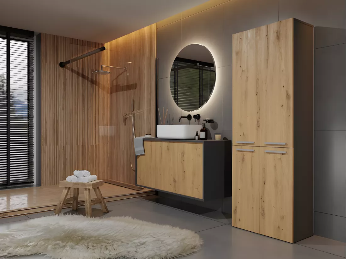 ELLOS - Armoire de salle de bain 2 paniers à ligne - Rangement sdb - 174x60x30 - Meuble colonne