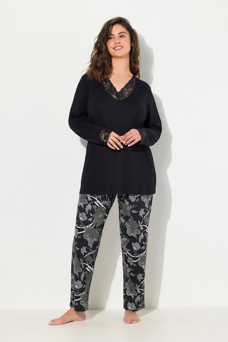 Pyjama, Spitze, V-Ausschnitt, Langarm, Modalmix