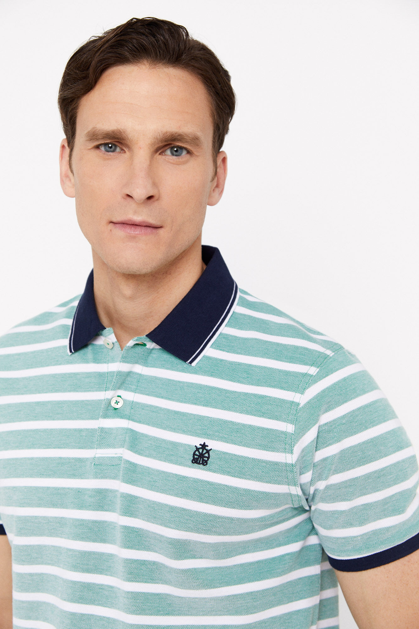 Camisa polo oxford listrada com gola contrastante - Verde