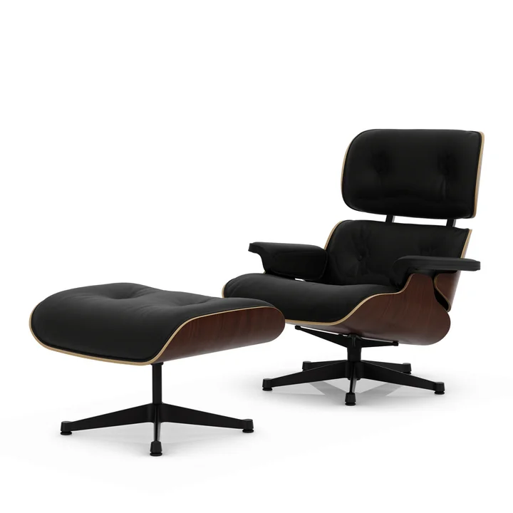 Vitra - Lounge Chair & Ottoman, schwarz, Nussbaum dunkel, Leder Premium F, nero (neue Masse)