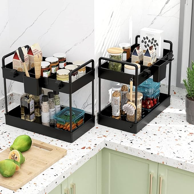 Waschbecken Unterschrank Regal Verstellbarer Spülschrank Küchen Organizer mit Schubfach für Lebensmittel / Reinigungsmittel / Kosmetik - Schwarz