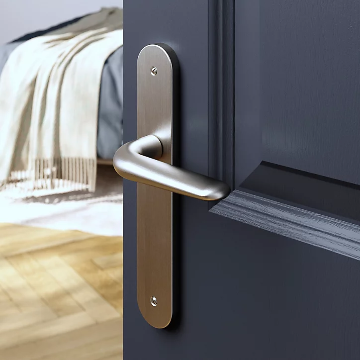 Ensemble poignée sur plaque Droit GoodHome Mehaban effet nickel satin gris L.120mm x l.40mm entraxe 195mm
