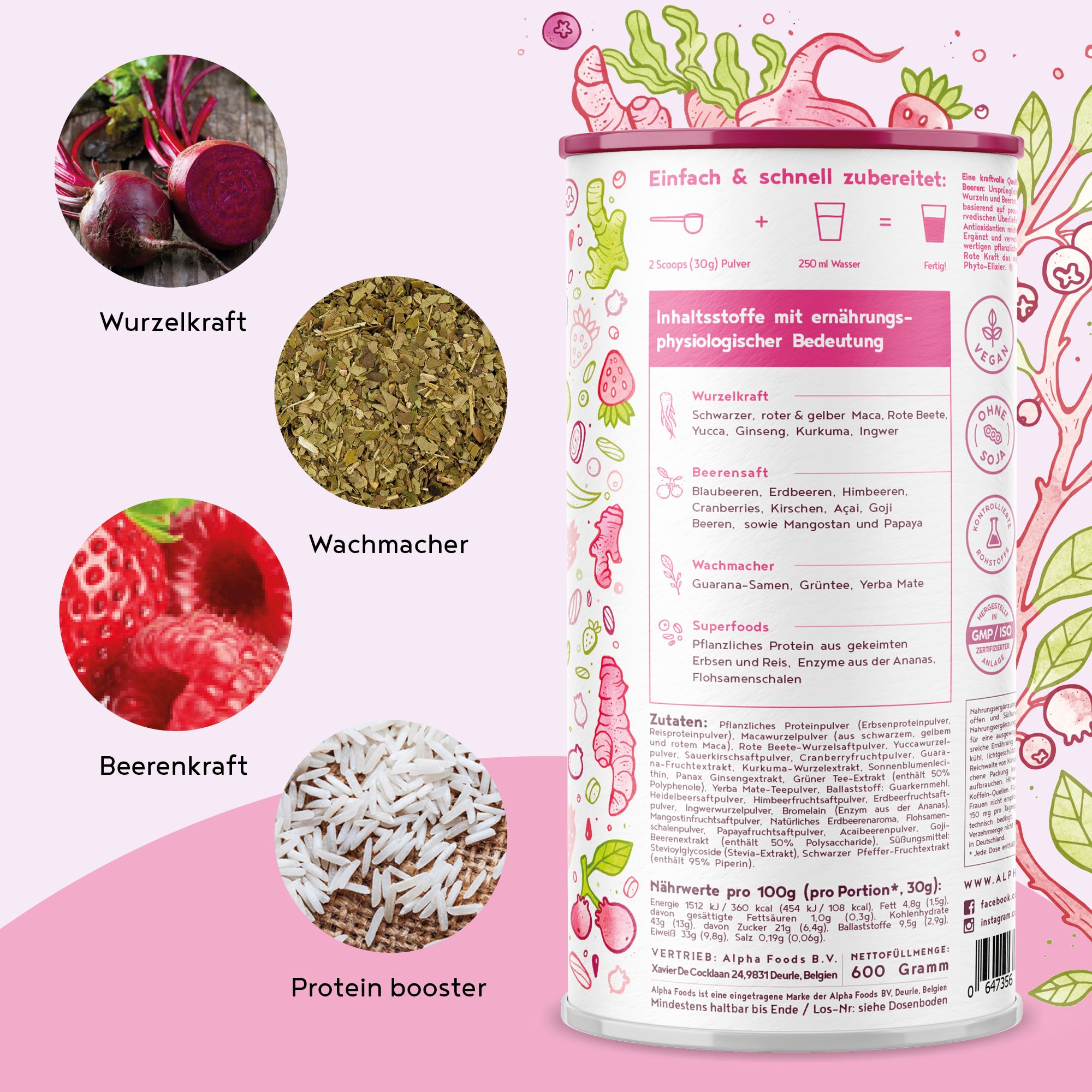 ALPHA FOODS Rote Kraft Kurkuma + Maca + Acai + Protein vegan