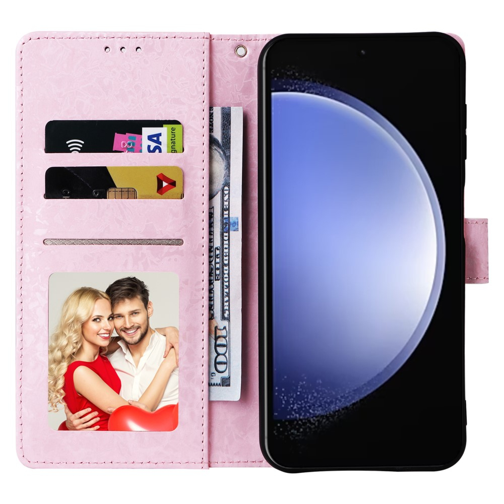 Samsung Galaxy S23 FE Leder Tasche mit Kartenfächer - Glitzer Blumen & Schmetterlinge